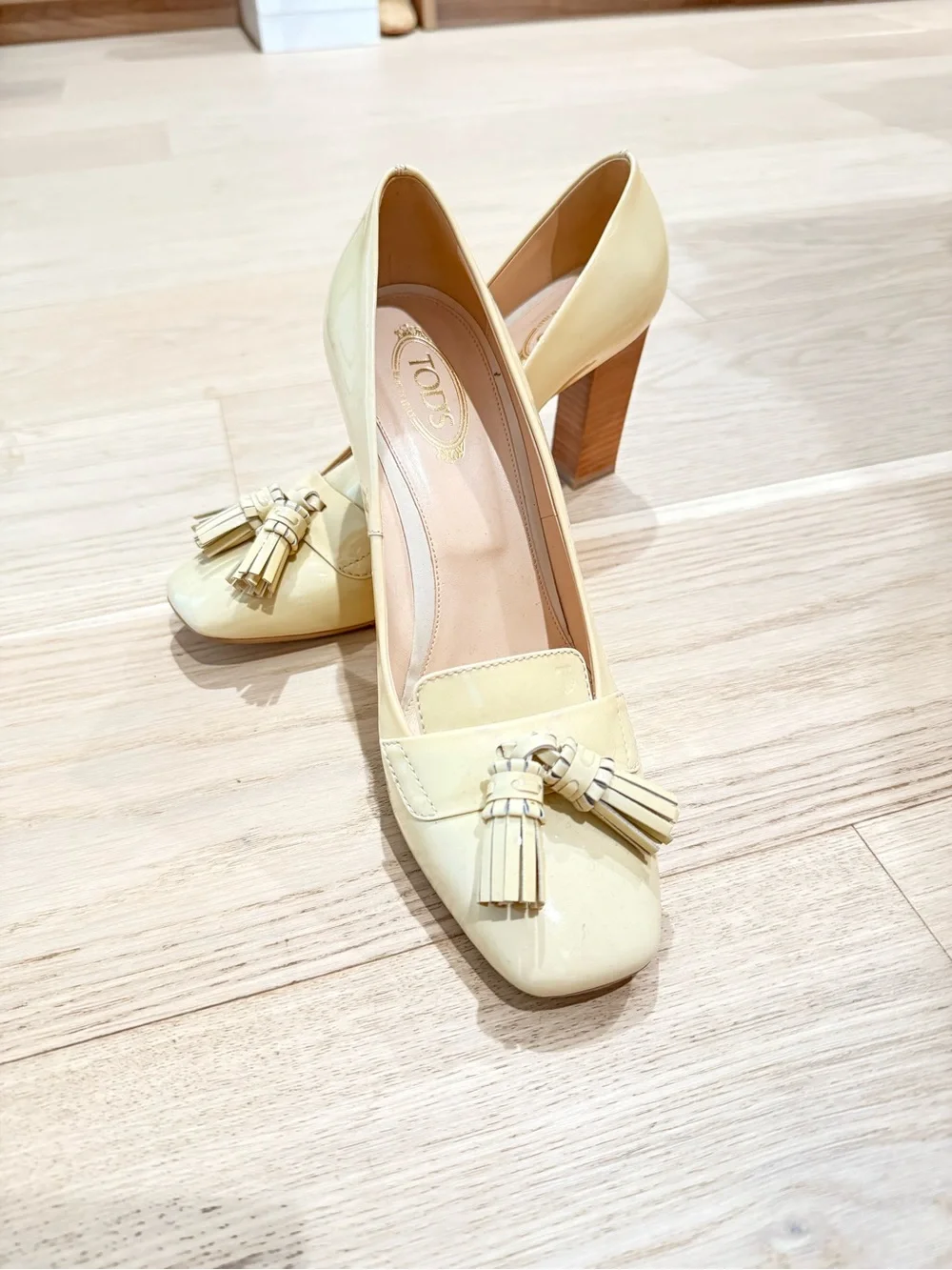 Tod's Cream Patent Leather Tassel Block Heels